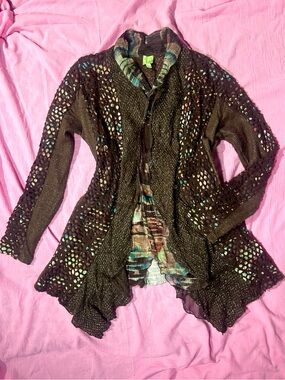 ‘Adam Jacobs’ Asymmetrical Brown Textured Shimmery Cardigan